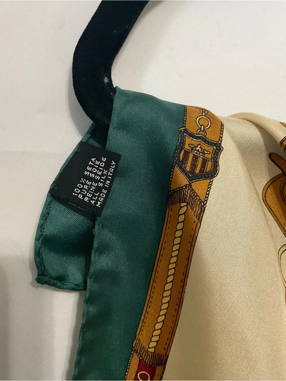 100% silk rolled hem equestrian themed square neck scarf, old money and country
